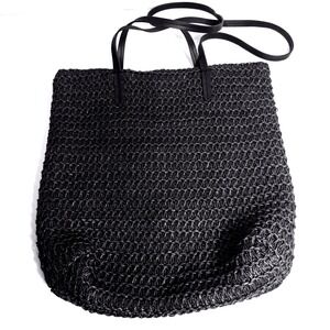 Black Woven Tote Bag Shoulder Purse Magnetic Snap Boho Beach Travel Crochet dark